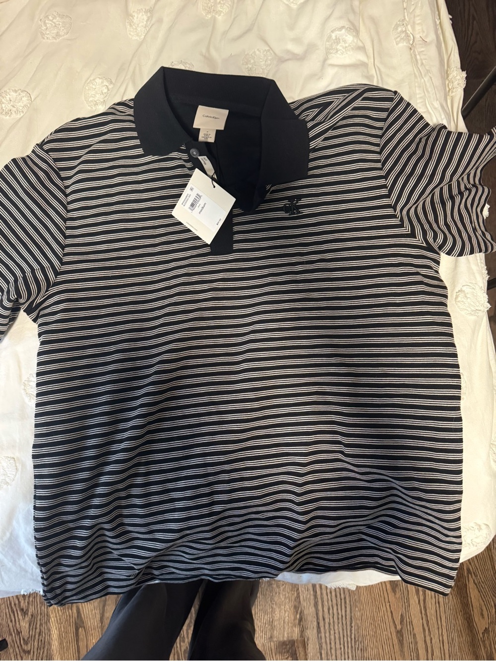 Calvin Klein Black and White Striped Polo Shirt